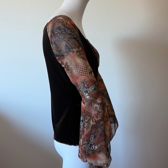 F&X USA Vintage Y2K Mesh Sleeve Top Fairycore Grunge Paisley Corset Lace Up - Picture 2 of 8